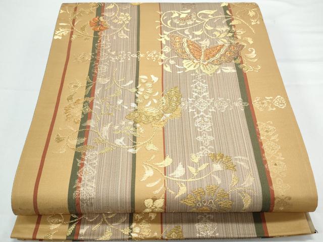 平和屋着物◎六通柄袋帯 更紗花蝶文 金糸 正絹 逸品 CAAY7323th