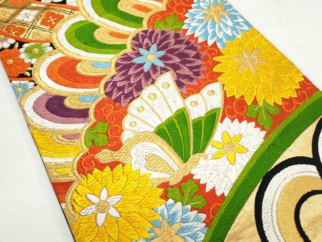 平和屋着物◎六通柄袋帯 唐織 花蝶文 黒地 金糸 正絹 逸品 CAAY7391th
