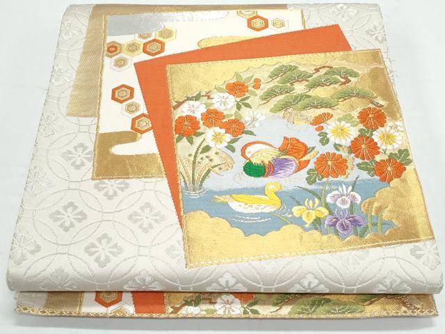 平和屋着物◎六通柄袋帯 唐織 色紙重ね鴛鴦花文 金銀糸 正絹 逸品 CAAY7395th