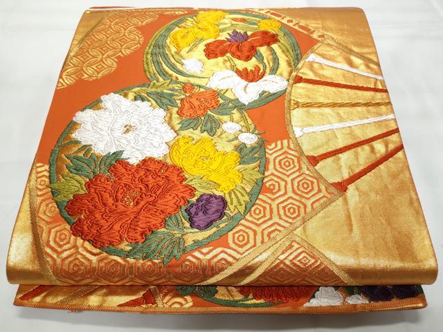 平和屋着物◎六通柄袋帯 唐織 扇面草花文 金糸 正絹 逸品 CAAY7773fb