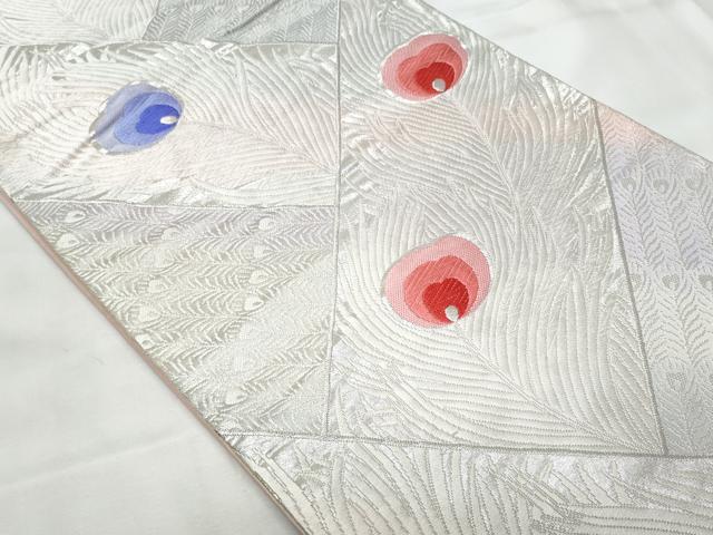 平和屋着物◎六通柄袋帯 唐織 孔雀羽文 銀糸 正絹 逸品 CAAY7783fb