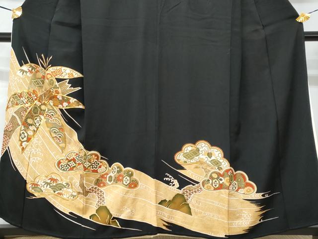 平和屋着物■豪華黒留袖 駒刺繍 笹の葉吉祥花文 金彩 正絹 逸品 CAAY7913fb