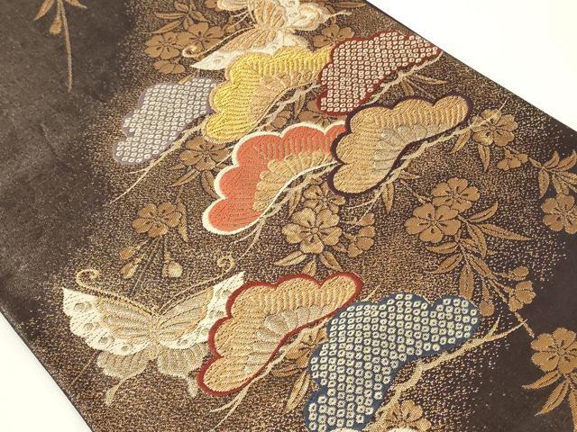 平和屋着物◎六通柄袋帯 唐織 花蝶松文 黒地 金糸 正絹 逸品 CAAY8848in