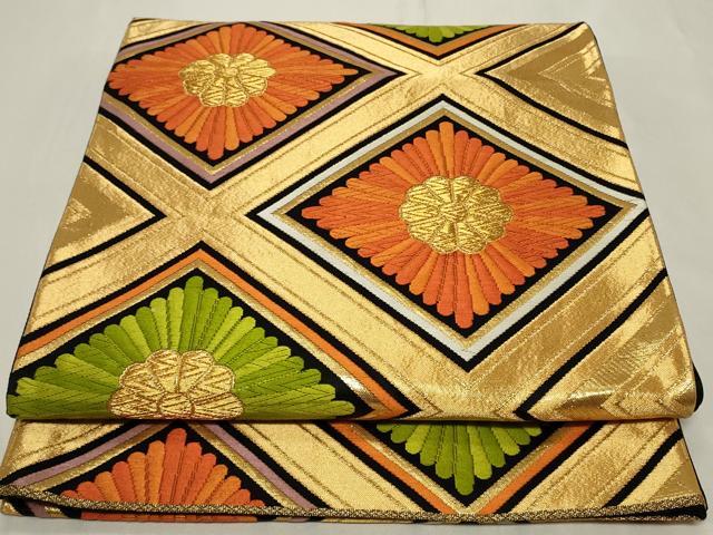 平和屋着物◎六通柄袋帯 唐織 菱花文 黒地 金糸 正絹 逸品 CAAY8851in