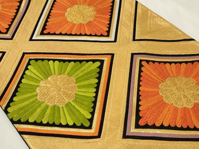 平和屋着物◎六通柄袋帯 唐織 菱花文 黒地 金糸 正絹 逸品 CAAY8851in