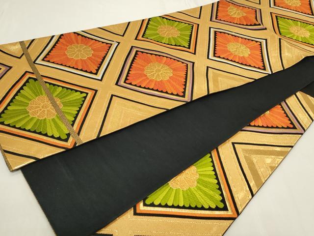 平和屋着物◎六通柄袋帯 唐織 菱花文 黒地 金糸 正絹 逸品 CAAY8851in