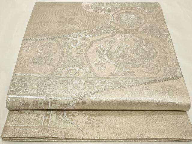 平和屋着物◎六通柄袋帯 吉祥花鳥文 銀糸 正絹 逸品 CAAY8861in