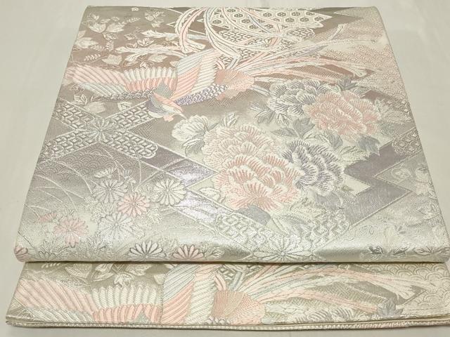 平和屋着物◎六通柄袋帯 唐織 九百錦 松皮菱鳳凰花文 銀糸 正絹 逸品 CAAY8919in