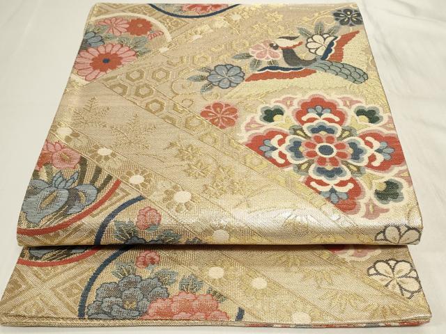 平和屋着物◎佐賀錦 六通柄袋帯 正倉院花鳥丸文 金糸 正絹 逸品 CAAY9036in