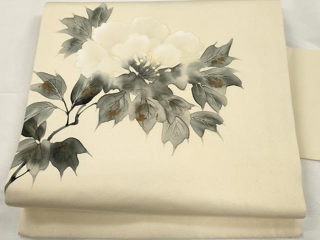 平和屋着物●塩瀬 九寸名古屋帯 手描き 枝花文 金彩 正絹 逸品 CAAY9219yk