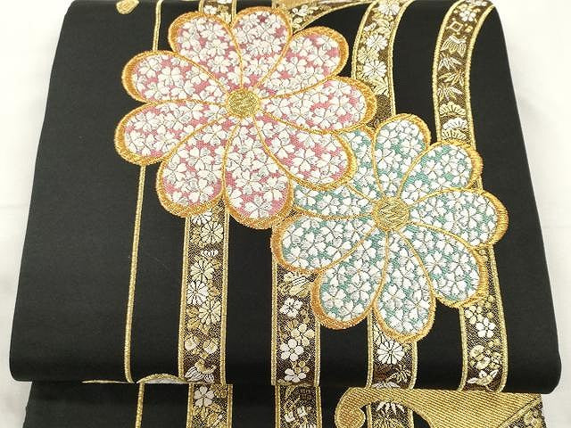 平和屋着物●六通柄袋帯 立波舞花文 黒地 金糸 正絹 逸品 CAAY9266yk