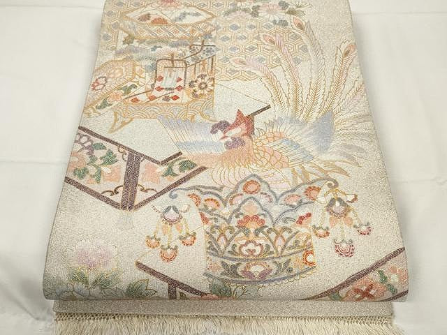 平和屋着物●綴れ 太鼓柄袋帯 鳳凰吉祥花文 金銀彩 正絹 逸品 CAAY9267yk