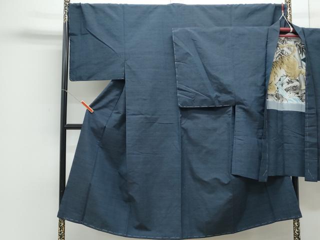 平和屋着物●男性 紬 アンサンブル 色無地 濃藍色 正絹 逸品 未使用 CAAY9598th