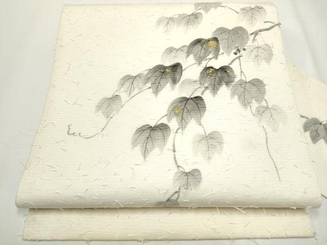 平和屋着物●九寸名古屋帯 作家物 手描き 髭紬 蔦の葉文 金彩 正絹 逸品 CAAY9608hy