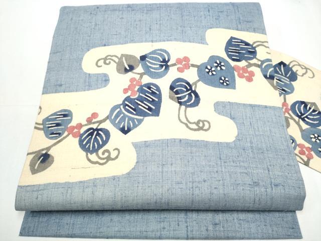 平和屋着物●九寸名古屋帯 生紬 型染め 葡萄蔦の葉文 正絹 逸品 CAAY9637hy