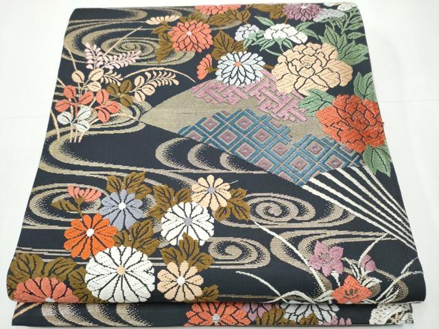 平和屋着物●六通柄袋帯 唐織 扇面流水草花文 金糸 正絹 逸品 CAAY9899hy