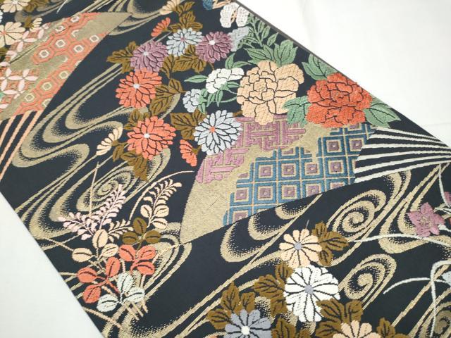 平和屋着物●六通柄袋帯 唐織 扇面流水草花文 金糸 正絹 逸品 CAAY9899hy