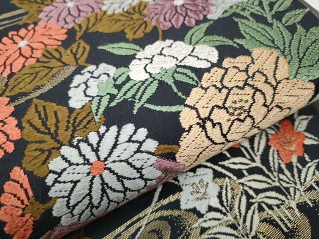 平和屋着物●六通柄袋帯 唐織 扇面流水草花文 金糸 正絹 逸品 CAAY9899hy