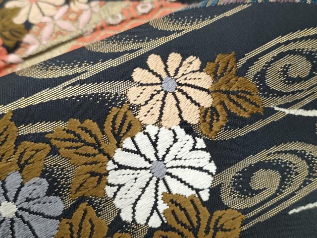 平和屋着物●六通柄袋帯 唐織 扇面流水草花文 金糸 正絹 逸品 CAAY9899hy