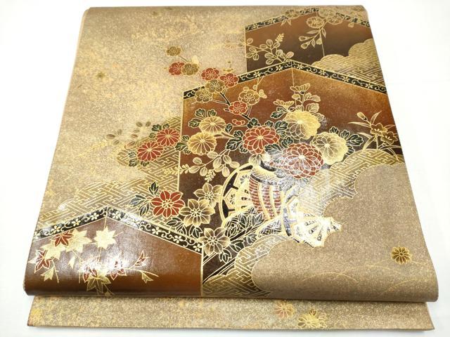平和屋着物●漆工芸作家 金森一博 太鼓柄袋帯 屏風草花文 金彩 引箔 正絹 逸品 CAAY9904hy