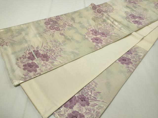 平和屋着物◎六通柄袋帯 流水草花文 銀糸 正絹 逸品 CAAZ0092dy