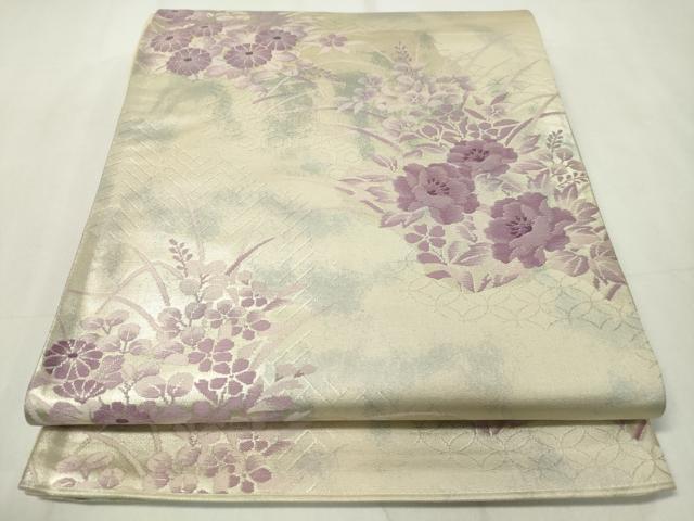 平和屋着物◎六通柄袋帯 流水草花文 銀糸 正絹 逸品 CAAZ0092dy