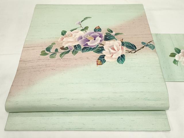 平和屋着物●九寸名古屋帯 友禅 作家物 紬地 椿 正絹 逸品 CAAZ0353dy