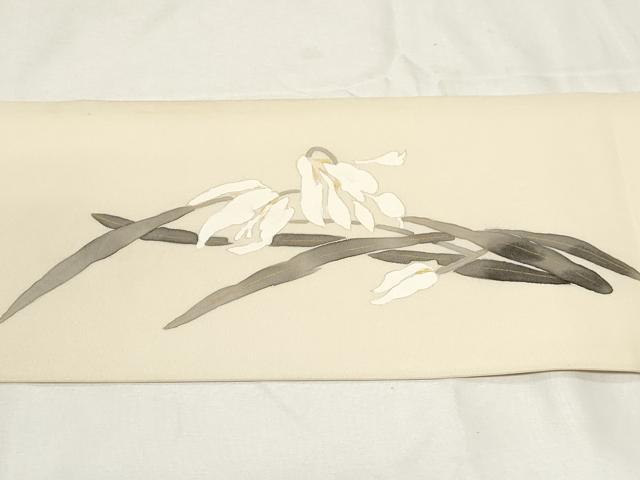 平和屋着物●塩瀬 九寸名古屋帯 手描き 草花文 金彩 正絹 逸品 CAAZ0354dy