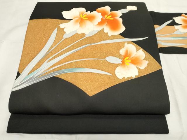 平和屋着物●塩瀬 九寸名古屋帯 地紙草花文 黒地 金彩 正絹 逸品 CAAZ0378dy