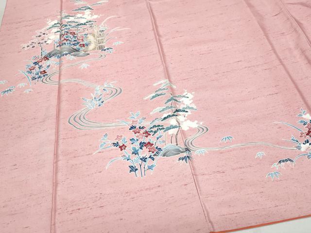 平和屋着物●訪問着 友禅 紬地 流水風景松花文 正絹 逸品 CAAZ0804vf