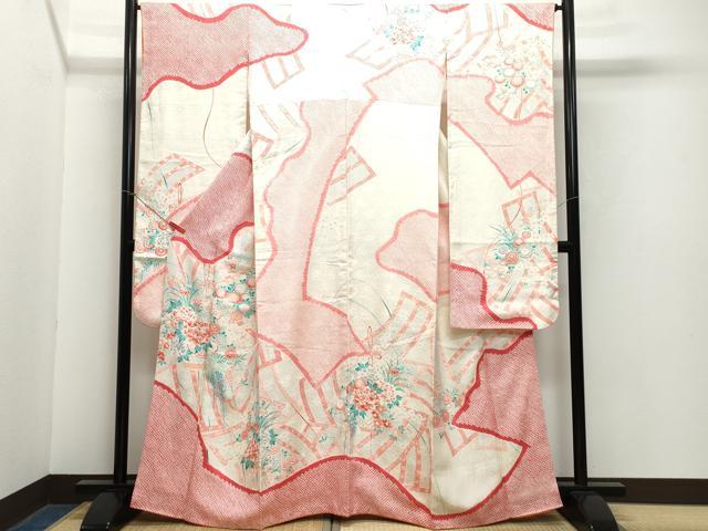 平和屋着物●豪華振袖 絞り 刺繍 花籠文 正絹 逸品 CAAZ1118vf