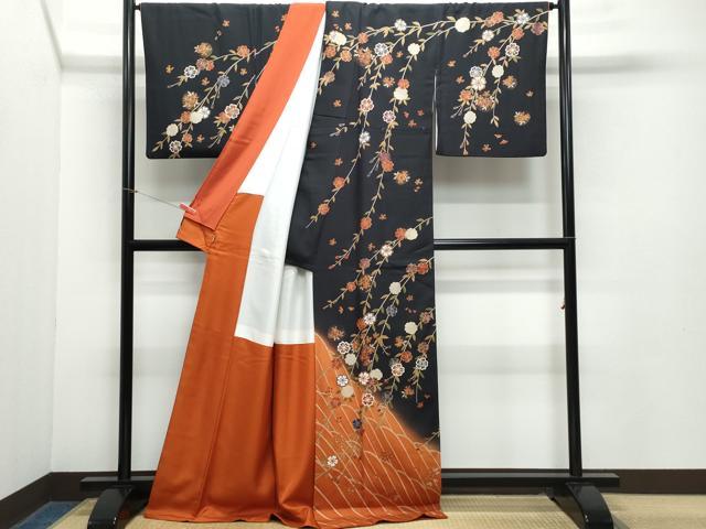 平和屋着物●訪問着 枝垂れ花文 黒地 金彩 ますいわ屋扱い 正絹 逸品 CAAZ1193vf