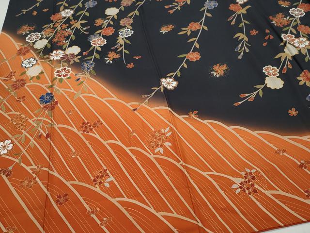 平和屋着物●訪問着 枝垂れ花文 黒地 金彩 ますいわ屋扱い 正絹 逸品 CAAZ1193vf