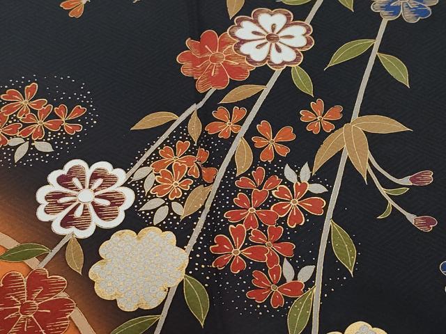 平和屋着物●訪問着 枝垂れ花文 黒地 金彩 ますいわ屋扱い 正絹 逸品 CAAZ1193vf