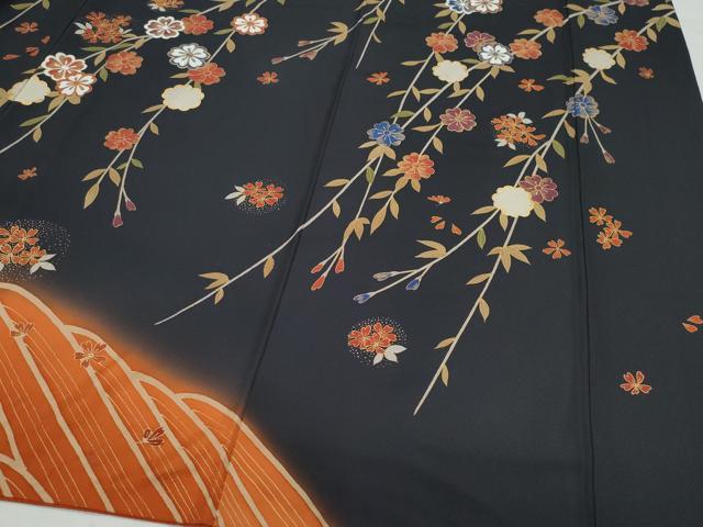 平和屋着物●訪問着 枝垂れ花文 黒地 金彩 ますいわ屋扱い 正絹 逸品 CAAZ1193vf
