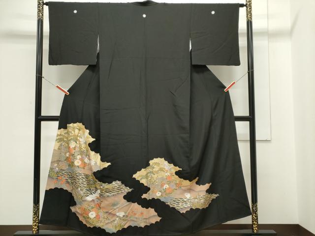 平和屋着物■豪華黒留袖 駒刺繍 飛鶴風景花文 金彩 正絹 逸品 CAAZ1322ou