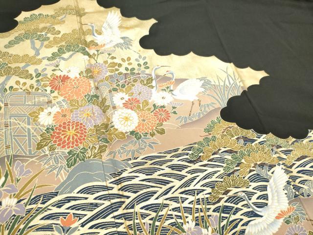 平和屋着物■豪華黒留袖 駒刺繍 飛鶴風景花文 金彩 正絹 逸品 CAAZ1322ou