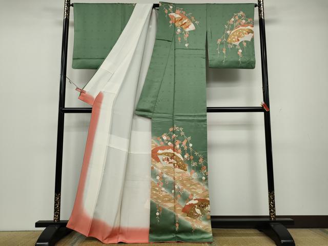 平和屋着物●訪問着 駒刺繍 地紙鴛鴦鷺花文 暈し染め 金彩 正絹 逸品 CAAZ2420ut
