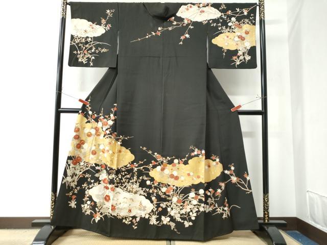 平和屋着物●訪問着 駒刺繍 雲取り草花文 黒地 金彩 正絹 逸品 CAAZ3061yc
