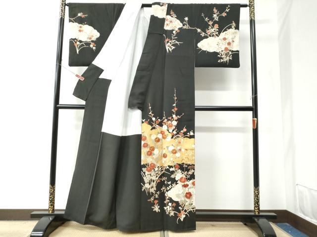 平和屋着物●訪問着 駒刺繍 雲取り草花文 黒地 金彩 正絹 逸品 CAAZ3061yc