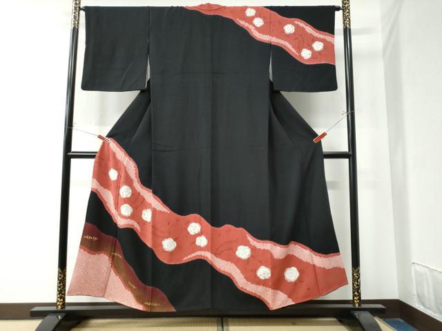 平和屋着物●訪問着 辻が花 手描き 絞り 黒地 金通し地 正絹 逸品 CAAZ3304yc