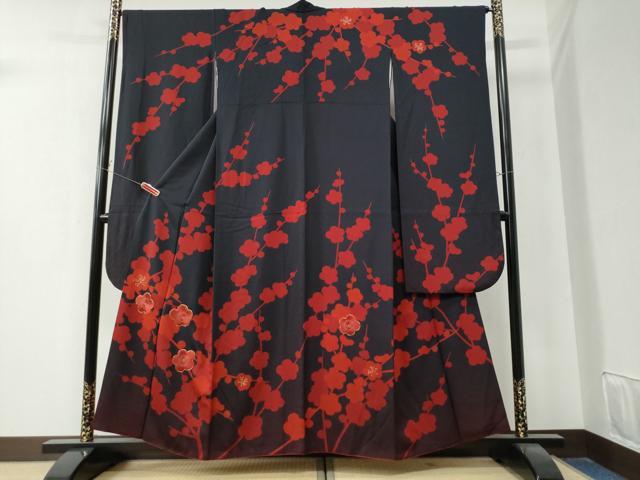 平和屋着物●豪華振袖 駒刺繍 枝梅文 黒地 金彩 正絹 逸品 CAAZ3400yc