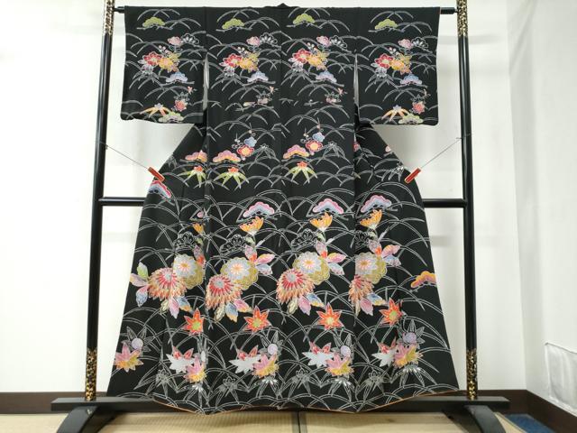 平和屋着物●訪問着 型染め 芝草松竹梅花文 黒地 正絹 逸品 CAAZ3567yc