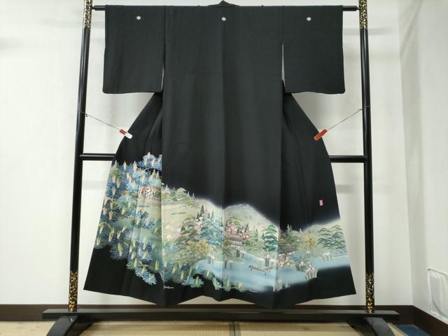平和屋着物●十日町友禅作家 阿部佳雪 黒留袖 庭園浜松風景文 暈し染め 正絹 逸品 CAAZ3688yc