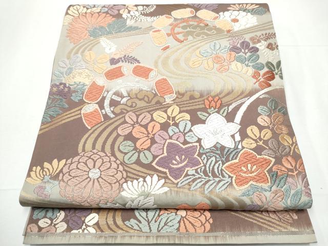 平和屋着物●六通柄袋帯 唐織 流水草花文 金糸 正絹 逸品 CAAZ4037hy