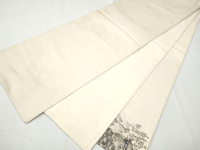 平和屋着物●太鼓柄袋帯 作家物 手描き 風景樹林文 銀通し地 正絹 逸品 CAAZ4127hy