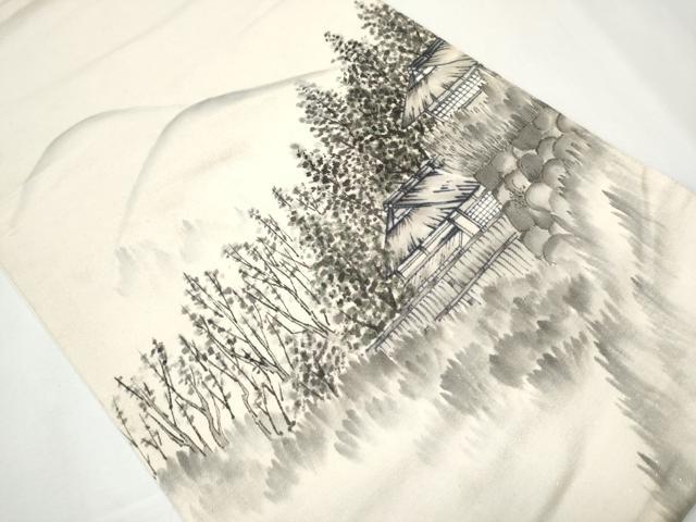 平和屋着物●太鼓柄袋帯 作家物 手描き 風景樹林文 銀通し地 正絹 逸品 CAAZ4127hy