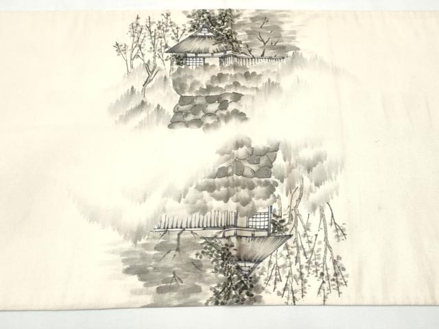 平和屋着物●太鼓柄袋帯 作家物 手描き 風景樹林文 銀通し地 正絹 逸品 CAAZ4127hy