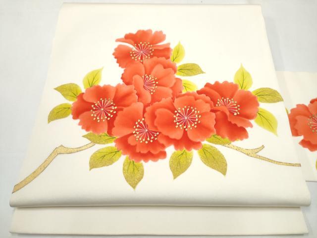 平和屋着物●塩瀬 九寸名古屋帯 枝花文 金彩 正絹 逸品 CAAZ4187hy