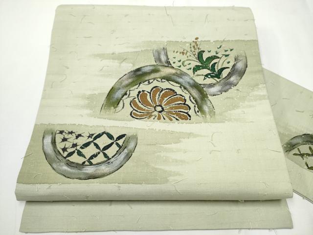 平和屋着物●九寸名古屋帯 手描き 髭紬 草花文 金銀彩 正絹 逸品 CAAZ4192hy